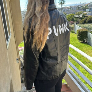 Custom upcycled Vintage black genuine leather motorcycle jacket w/ PUNK on back